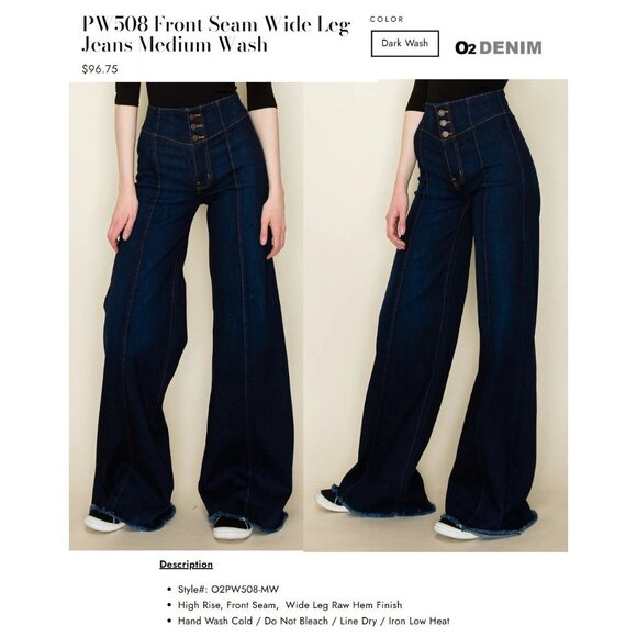 O2 Denim Front Seam Wide Leg Jeans Size 27 Trouser High Rise Dark Wash PW508 - Picture 11 of 12